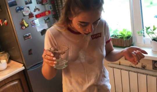 Russian girl on her knees gives friend home blowjob with ...