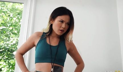 Lesbian blonde and skinny Asian in leggings fuck each other with their hands