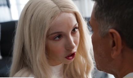 Skinny blonde student spreads her legs in stockings and rides a guys dick