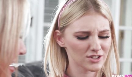 Stepfather and mom seduced a young lesbian girl for group sex in the bedroom