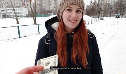 Redhead Russian girl is not against pickup and hot sex on camera for money