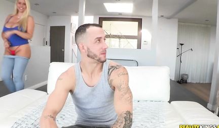 Two blondes with big asses pulled down leggings for group sex with a guy