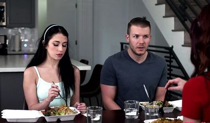 Brunette after breakfast pulled down her panties for sex with her stepbrother