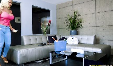 In the bathroom, a guy caressed a chick with big tits and fucked her in the slit