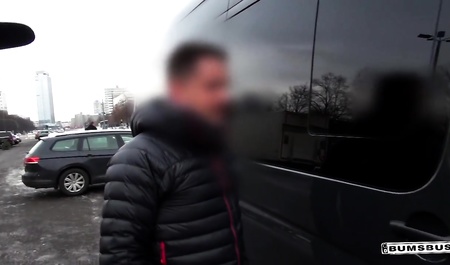 Guy bangs cute blonde German winter in the car