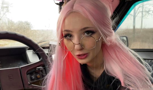 Russian young girl in the car polishes the cock with her ...