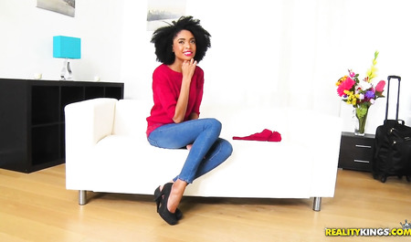 Slender curly mulatto is sticking to the fresh holes with...