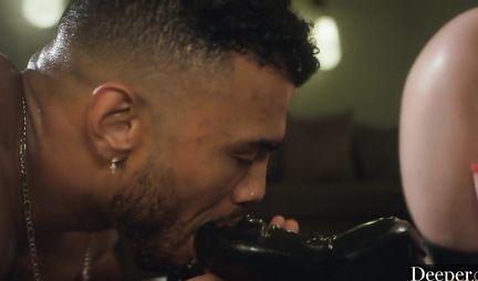 Blonde in latex substitutes tight slits for a big black cock