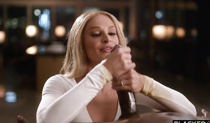 Blonde after the handjob of a big member of the niggling spreads his legs and fucks