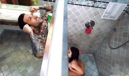 Brunette in the bathroom after a hot fuck gets a jet orgasm and takes cum