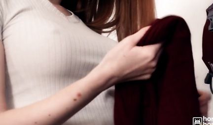 Redhead girl with big tits spreads her legs for sex with her fucker