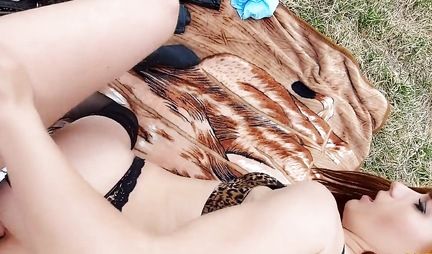 Red-haired Christmas tree in lingerie and stockings right in nature did not give up Russian anal