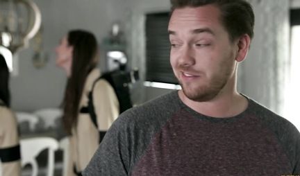 The brunette and her skinny sister decided to arrange a group sex parody for the guy