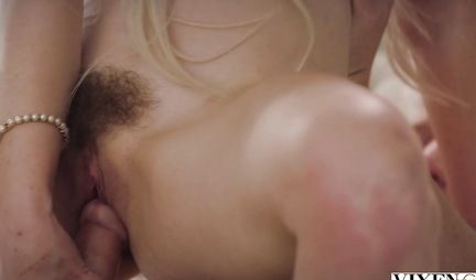 Blonde with a hairy pussy rides a wet hole on a strong dick