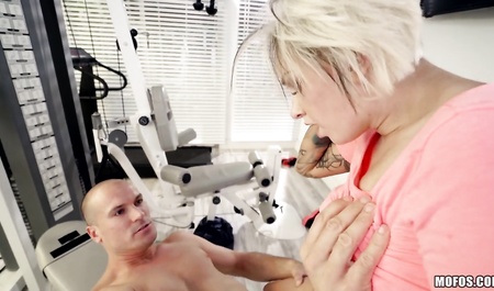 Bald man Fucks cute cutie in the gym