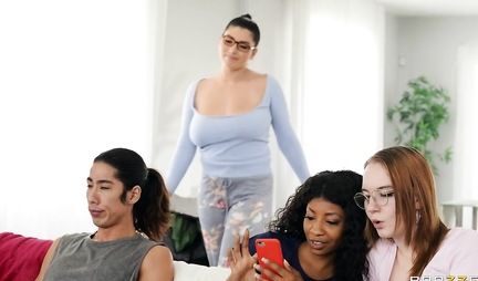 Tattooed girl with big tits rides young boys cock