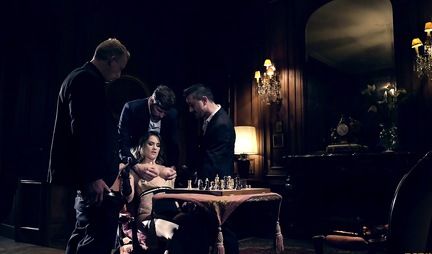 Brunette in stockings panties with buns during group anal with guys