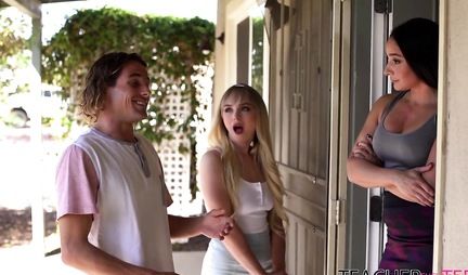 The mother and her daughter arranged for a curly-haired guy a threesome on a big sofa