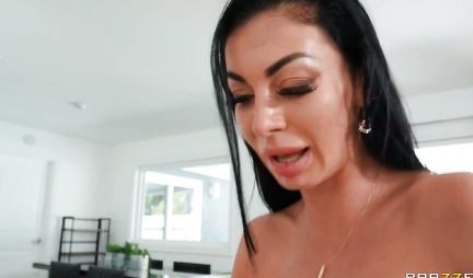 Brunette with big tits right on the couch has passionate sex