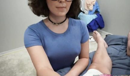 A girl in glasses and in panties rides a dick and enjoys home porn