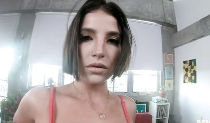 Brunette with big tits after a blowjob jumps on the dick of an unshaven macho