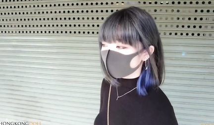 Asian in a mask substitutes a tight pussy for real sex with her lover