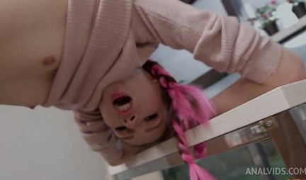 Skinny girl in panties spreads buns for anal with her fucker