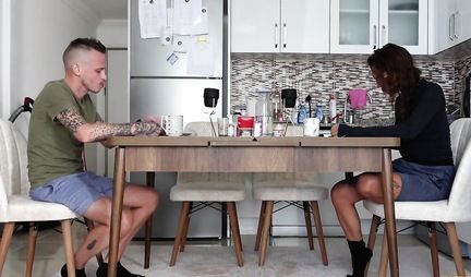 While the wife is busy, her Russian husband cheats with the maid and fucks her with a dick