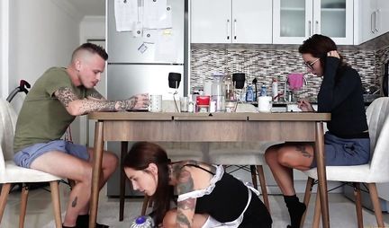 While the wife is busy, her Russian husband cheats with the maid and fucks her with a dick