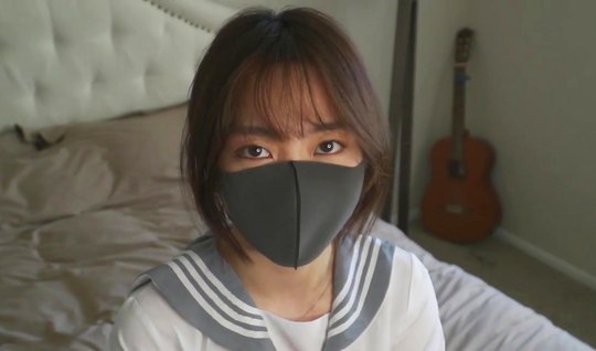 Masked asian pulls down panties for homemade porn with he...