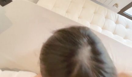 Asian after a blowjob spreads her legs for homemade porn on the bed