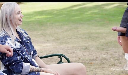 Tattooed blonde prepared for group sex on a bench