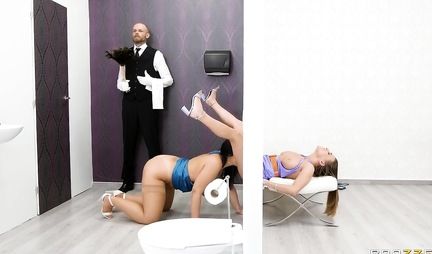 Depraved girls with big boobs are ready for group sex with a brunette