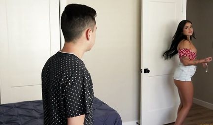 A brunette after a deep blowjob sits on her boys penis