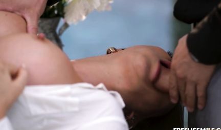 A girl with big tits substitutes a juicy crotch for a gangbang