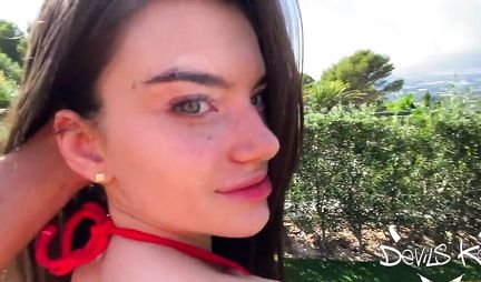 Russian brunette outdoors in the first person has sex and cums