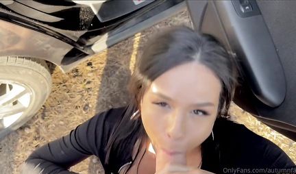 Brunette sucks a guy and jerks off with tits outdoors in the car