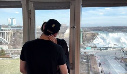 Slender girl in sexy stockings fucks with a friend while standing