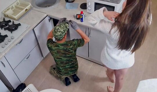 Russian brunette cheated on a guy by fucking with a plumber