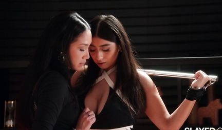 The brunette gently licks the hairy pussy of her lesbian friend