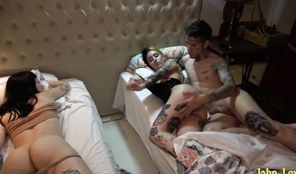 Tattooed guy fucks girlfriend and then her stepsister