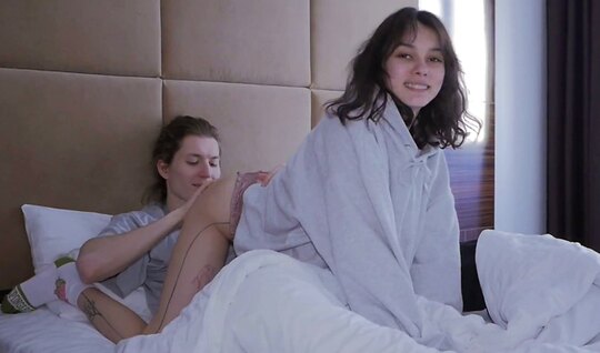 Skinny Russian chick cheered up in the morning on a frien...