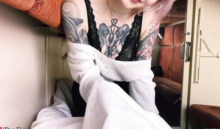 Tattooed Russian girl orally satisfies a guy