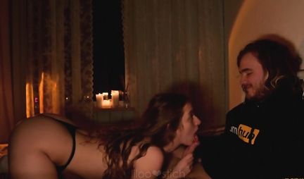 A curly guy rides a young brunette on a hot dick