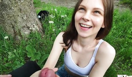 A skinny chick gave a cap to a Russian pick-up artist in nature