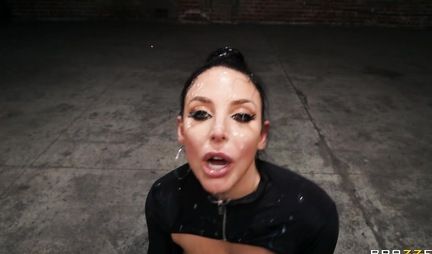 A girl with big tits gives a blowjob to all the guys in a row