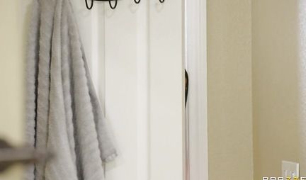 Brunette with hairy pussy seduced the neighbor in the bathroom