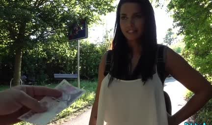 Brunette with big tits sucks pickup artist's cock for money