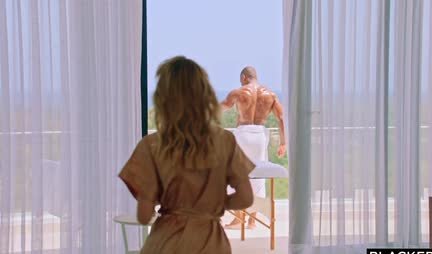 A gentle blonde gets high from a big penis of a black man in all poses