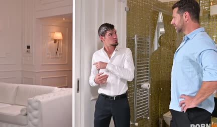 Two men are ready for a group sex with a big busty brunette